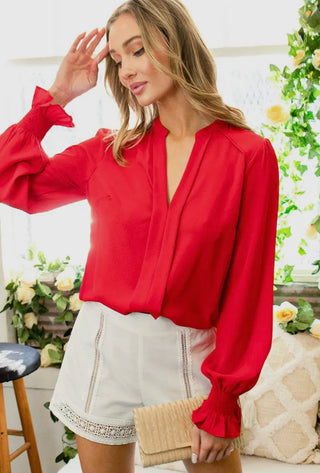 Red Henley Neck Ballon Sleeve On Smocked Blouse