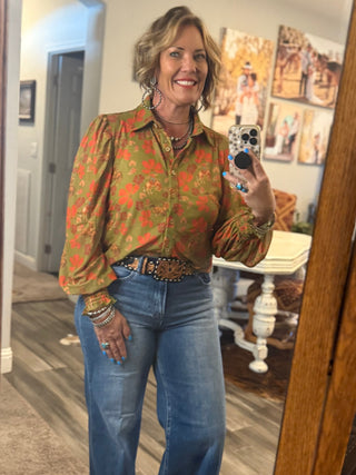 Olive Cowboy Mesh Button-Down