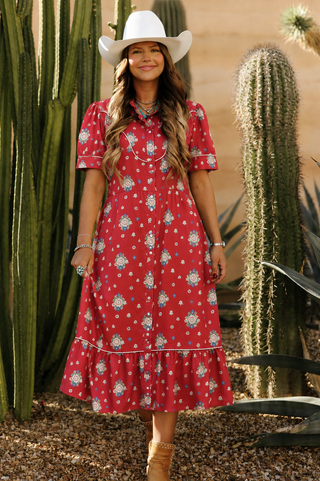 Red Prairie Pearl Snap Midi Dress