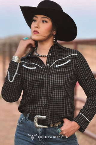 Black Plaid Western Yoke Contrast Pipping Arrow Shirt: M