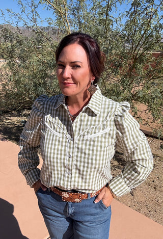 Olive Gingham Long Sleeve pearl snap