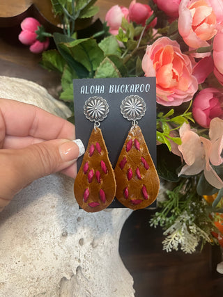 Concho Teardrop Earrings Chestnut leather with Hot pink lacing