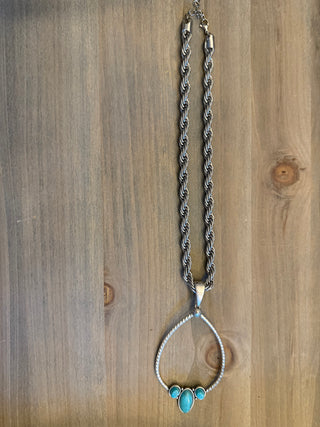 Rolled rope necklace with turquoise pendant