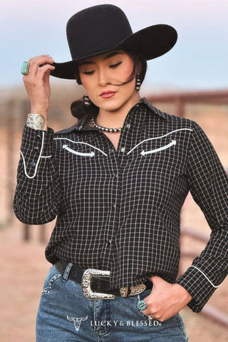 Black Plaid Western Yoke Contrast Pipping Arrow Shirt: M