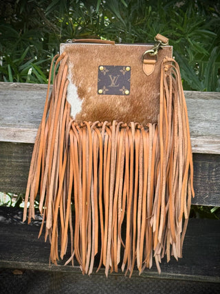 Upcycled LV Cowhide Leather Fringe Crossbody Bag Western