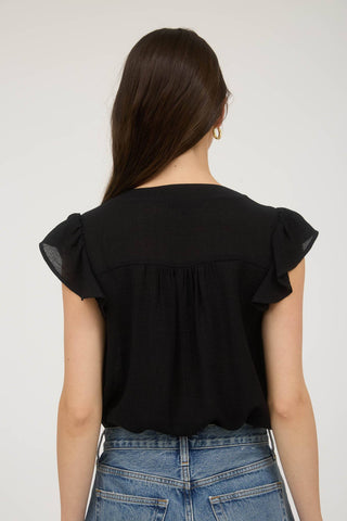 Floral Embroidery Button Down Short Sleeve Top – Black