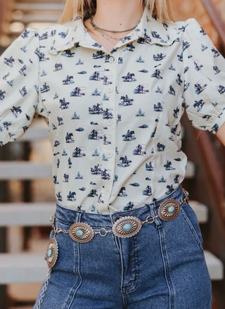 Cream & Teal Cowboy Scene Short Sleeve Blouse