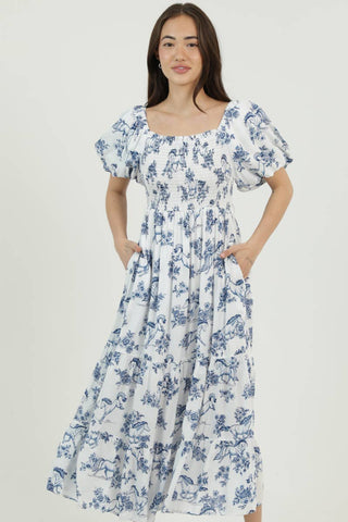 PUFF SLEEVE HORSE PRINT SMOCKED BODICE MIDI DRESS