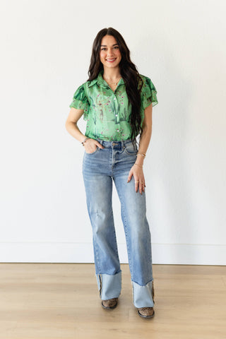 TH198 GREEN COWBOY CACTUS DOUBLE FLUTTER BLOUSE (7 Piece)