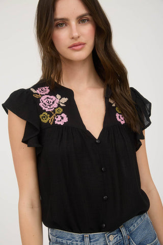 Floral Embroidery Button Down Short Sleeve Top – Black
