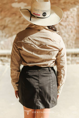 Beige Plaid Arrow Western Long Sleeve Pearl Snap Top: S