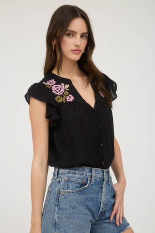 Floral Embroidery Button Down Short Sleeve Top – Black