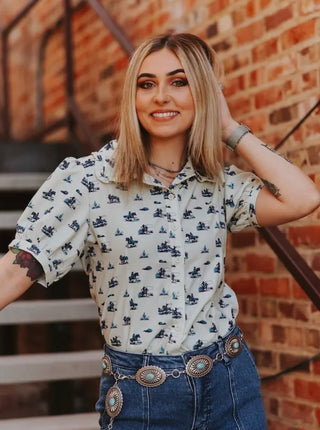 Cream & Teal Cowboy Scene Short Sleeve Blouse