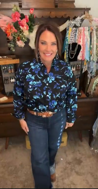 Hawaiian Pearl Snap Black w/Blues