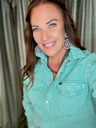 Jade Mineral Wash Denim Pearl Snap Long Sleeve