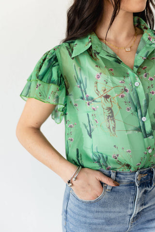 TH198 GREEN COWBOY CACTUS DOUBLE FLUTTER BLOUSE (7 Piece)