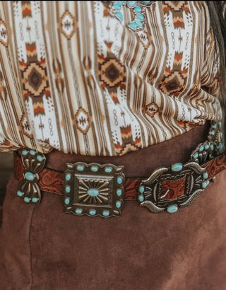 Brown Tooled Genuine Leather Turquoise Stone Concho Belt