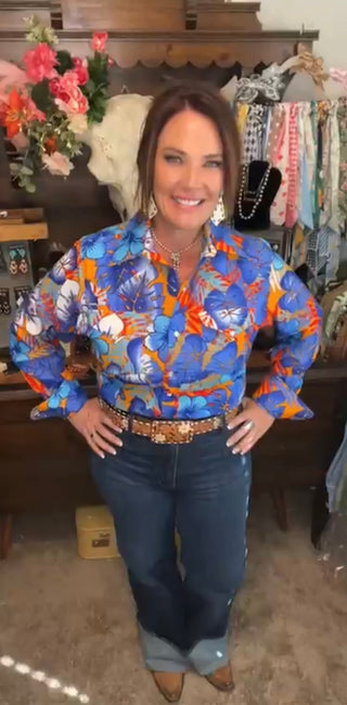 Hawaiian Pearl Snap Blue & Orange