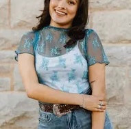 Jade Short Sleeve lace stretch mesh top