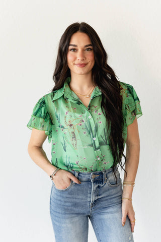 TH198 GREEN COWBOY CACTUS DOUBLE FLUTTER BLOUSE (7 Piece)