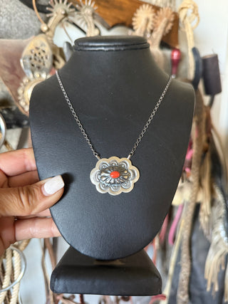 Navajo Handmade Sterling Silver & Red Coral Necklace | Lavina Benally
