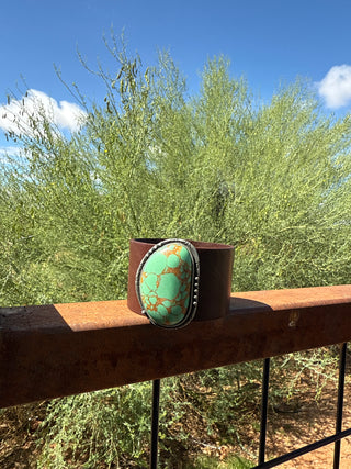 Green turquoise dark brown leather cuff bracelet