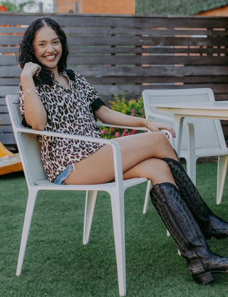 V neck Leopard lace puff sleeve button up blouse