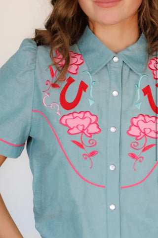 Pink Peony Horseshoe Pearl Snap Blouse