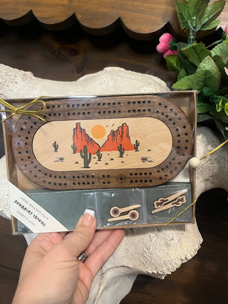 Western Travel Cribbage Board set with 2 pegs (sun & cactus)