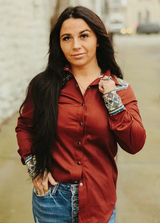 Rust Aztec Yoke Western Pearl Snap shirt