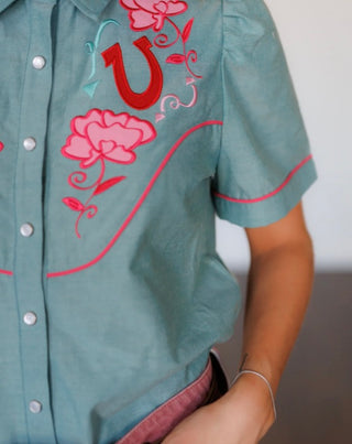 Pink Peony Horseshoe Pearl Snap Blouse