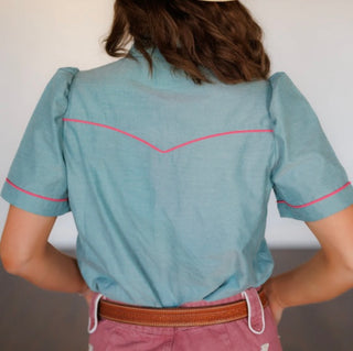 Pink Peony Horseshoe Pearl Snap Blouse