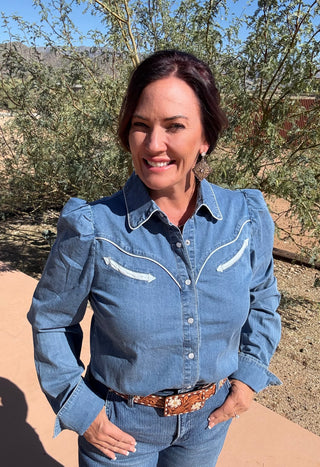 Denim Howdy Puff sleeve pearl snaps