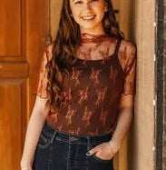 Brown Short Sleeve lace stretch mesh top