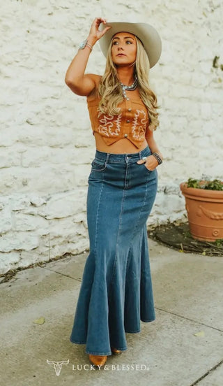 Dark wash stretch denim maxi skirt