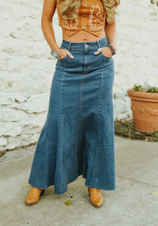 Dark wash stretch denim maxi skirt
