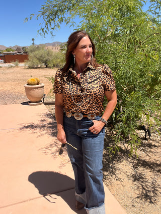 Leopard Print Pearl Snap short sleeve blouse