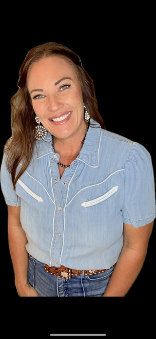 Tensel Blue Retro Pearl Snap short sleeve blouse