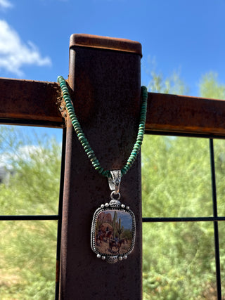 14” faux green turquoise with desert pendant necklace