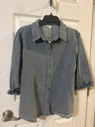 Washed Denim Ruffle Sleeve Shirt