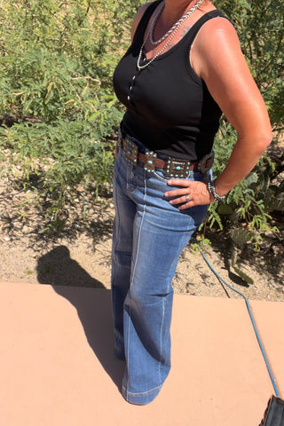 Brown Tooled Genuine Leather Turquoise Stone Concho Belt