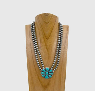17 Inches Double Silver Navajo
Pearl Beads Chain with White Stone Flower Concho Pendent necklace