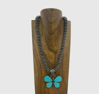 21 Inches
Silver Navajo Pearl Beads with Blue Turquoise Butterfly
Pendant Necklace
