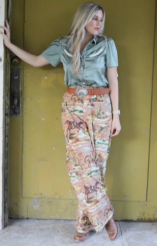 Sage Green Satin Pearl Snap short sleeve blouse