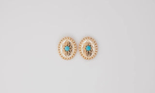 Oval Flower Concho Stud Earrings with Turquoise Accent