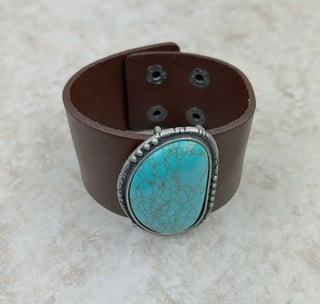 Turquoise Stone with Dark Brown Leather Cuff Bracelet