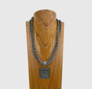 24 Inches
Double Silver Navajo Pearl
Beads Chain with Silver Metal
Rodeo Pendant Necklace