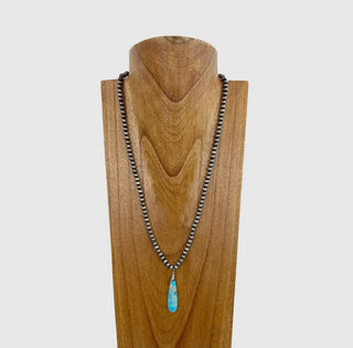 24 Inches
6mm Silver Navajo Pearl
Beads with Blue Turquoise
Teardrop Necklace