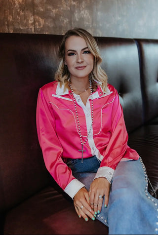 Retro Hot Pink Fringe Long Sleeve Blouse