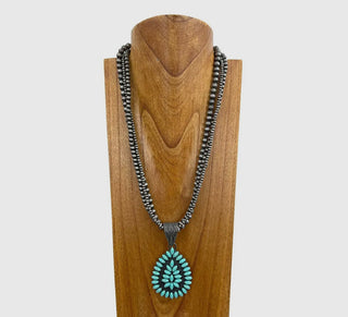 Silver Pearl Necklace with Turquoise Teardrop Pendant